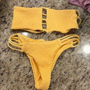 Zaful Yellow Smocked Bikini Set